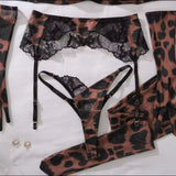 Conjunto Sofia Lencería Leopardo Allure 5 Piezas Con Sujetador Aros Y Liguero Regulable