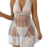 Isola Neglige Con Cuello Halter En Encaje Fino Con Textura Suave Y Tanga A Juego