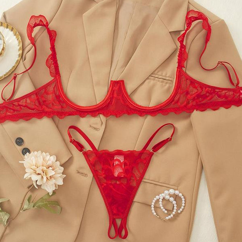 Conjunto De Lencería Sexy De Encaje Con Tirantes Ajustables Y Sostén Push Up Para Un Escote Irresistible
