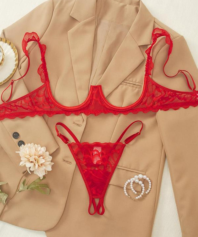 Conjunto De Lencería Sexy De Encaje Con Tirantes Ajustables Y Sostén Push Up Para Un Escote Irresistible