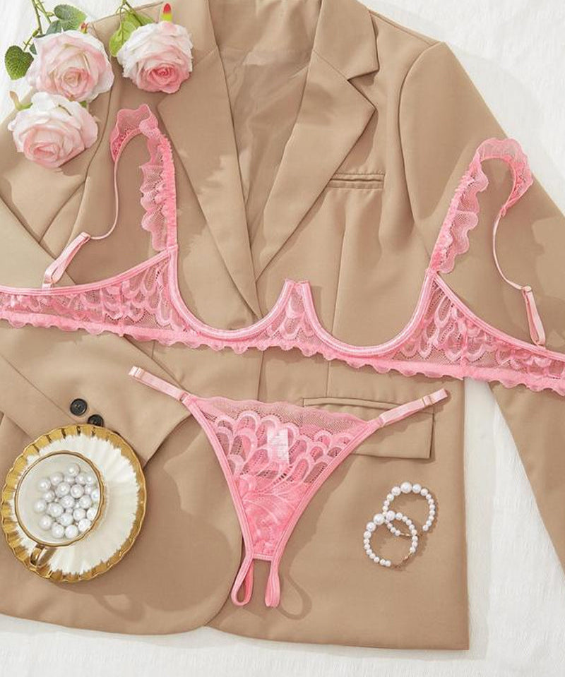 Conjunto De Lencería Sexy De Encaje Con Tirantes Ajustables Y Sostén Push Up Para Un Escote Irresistible