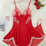 Julia Bata De Noche De Encaje Sensual Con Escote En V Profundo Y Tanga Exquisita