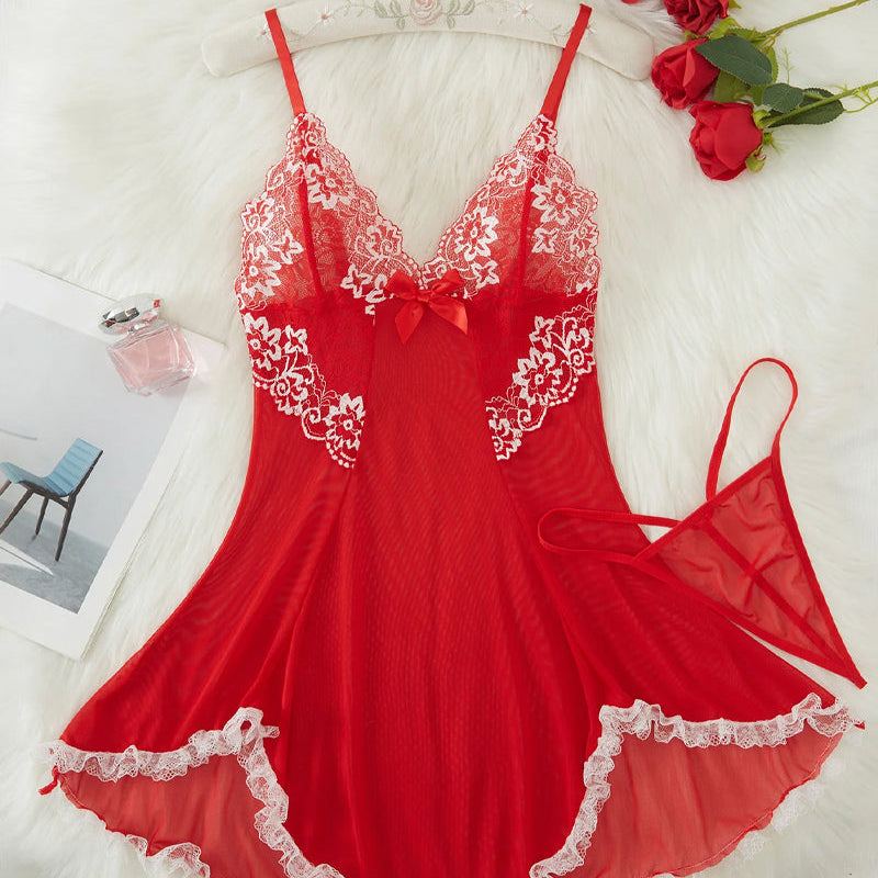 Julia Bata De Noche De Encaje Sensual Con Escote En V Profundo Y Tanga Exquisita