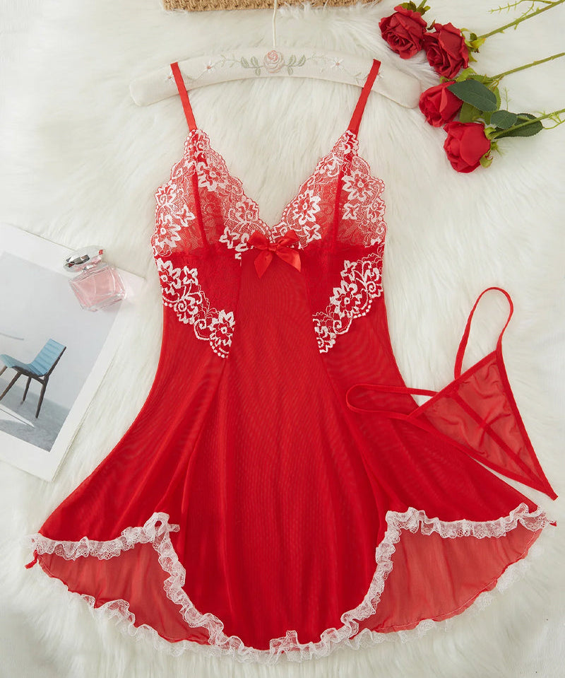 Julia Bata De Noche De Encaje Sensual Con Escote En V Profundo Y Tanga Exquisita