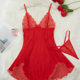 Julia Bata De Noche De Encaje Sensual Con Escote En V Profundo Y Tanga Exquisita