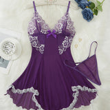 Julia Bata De Noche De Encaje Sensual Con Escote En V Profundo Y Tanga Exquisita