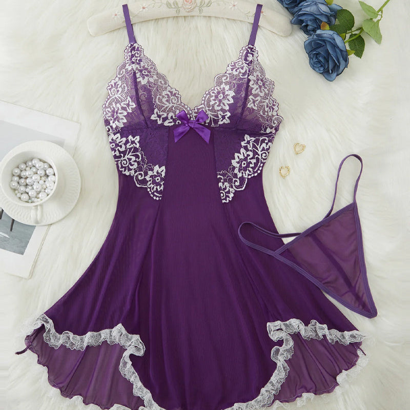 Julia Bata De Noche De Encaje Sensual Con Escote En V Profundo Y Tanga Exquisita