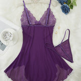 Julia Bata De Noche De Encaje Sensual Con Escote En V Profundo Y Tanga Exquisita