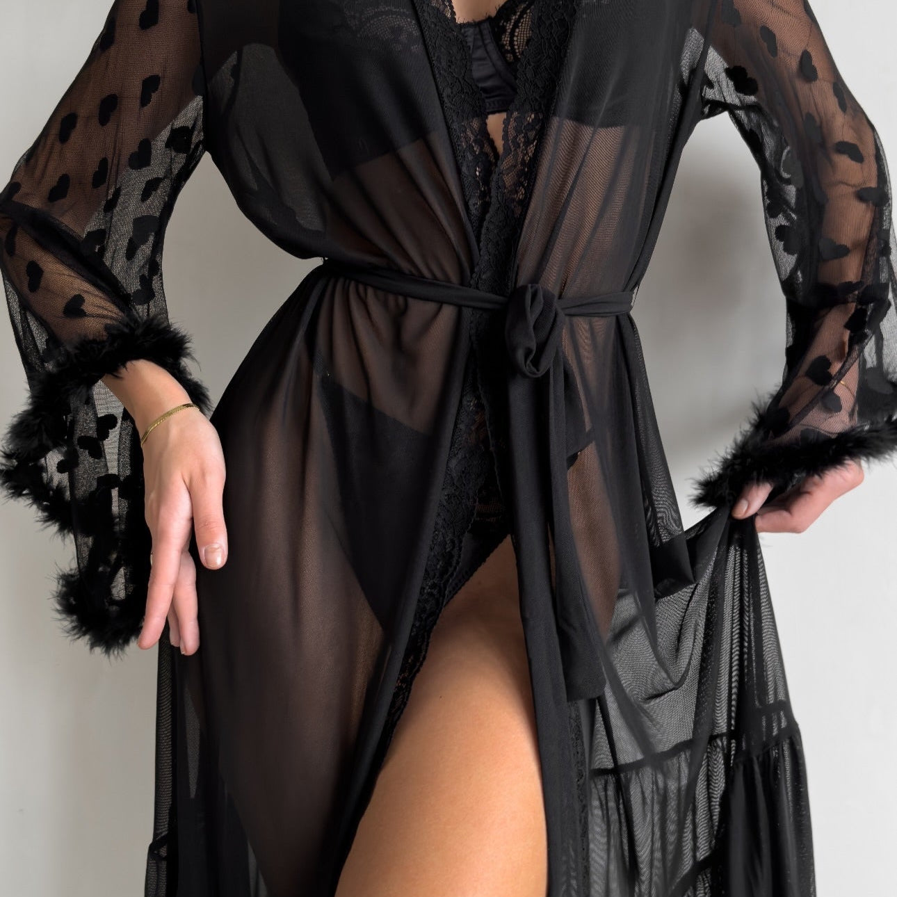 Keira Kimono De Encaje Transparente Para Mujer Con Detalles En Corazón Seductor Y Elegante Bata De Lencería