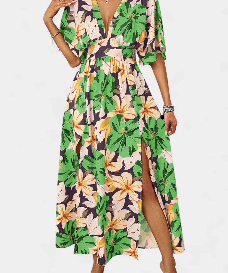 Elena | Vestido Largo con Estampado Floral y Escote Cruzado - Hala Madrid