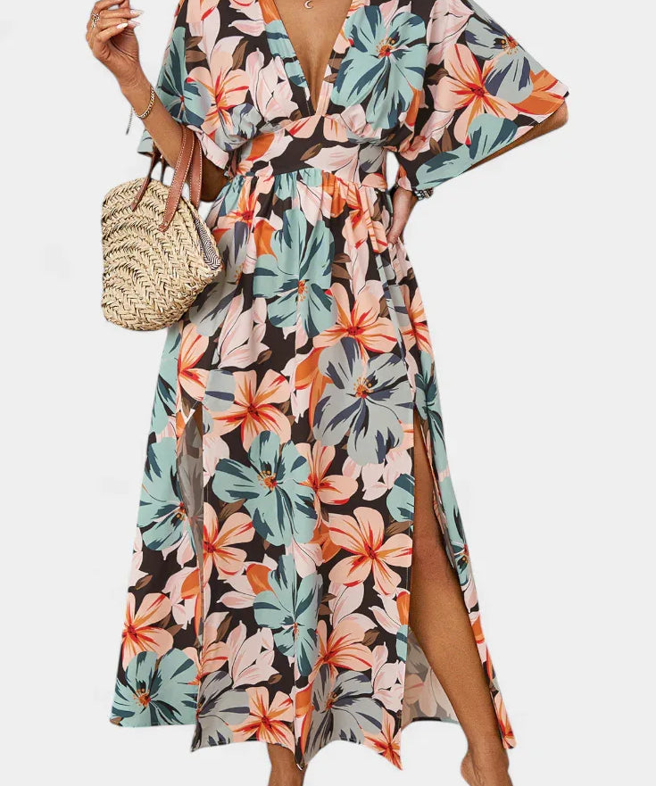 Elena | Vestido Largo con Estampado Floral y Escote Cruzado - Hala Madrid