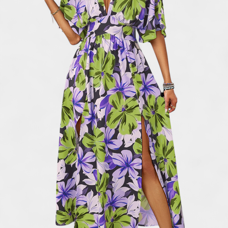 Elena | Vestido Largo con Estampado Floral y Escote Cruzado