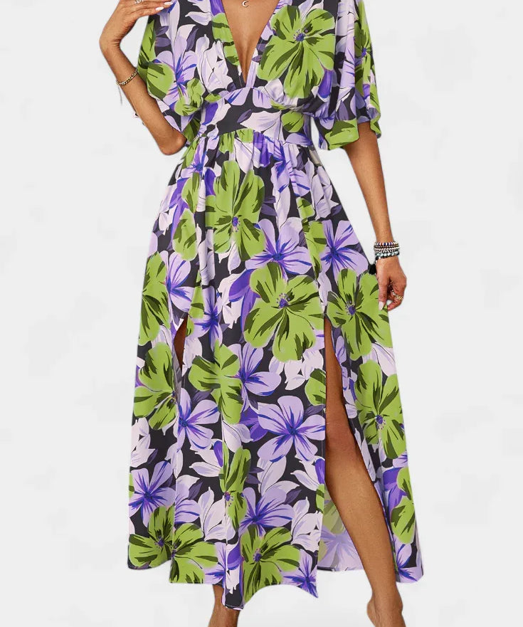 Elena | Vestido Largo con Estampado Floral y Escote Cruzado - Hala Madrid