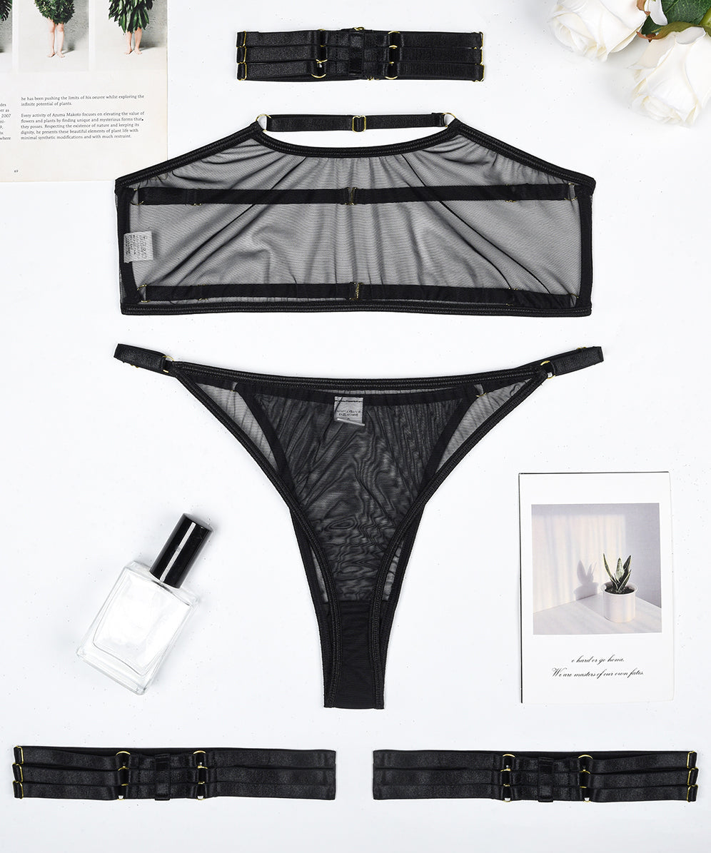 Conjunto de Lencería de Malla Transparente Eline 4 Piezas con Tirantes Ajustables y Corte Favorecedor