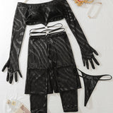 Conjunto Mira Sensual De Manga Larga Con Medias A Juego En Malla Ajustada Y Recortes Elegantes