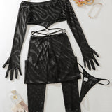 Conjunto Mira Sensual De Manga Larga Con Medias A Juego En Malla Ajustada Y Recortes Elegantes