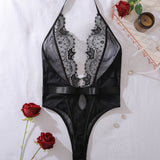Romy Bodysuit de Encaje Nocturno con Malla Transparente y Escote Profundo en V Elegante