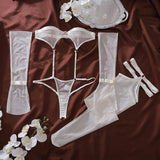 Leya Conjunto de Lencería Transparente con Body, Guantes y Medias a Juego, Seducción Total