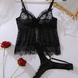 Rosa Conjunto Top De Malla Sensual Y Slip Con Detalles De Encaje Elegante Para Mujer