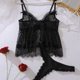 Rosa Conjunto Top De Malla Sensual Y Slip Con Detalles De Encaje Elegante Para Mujer