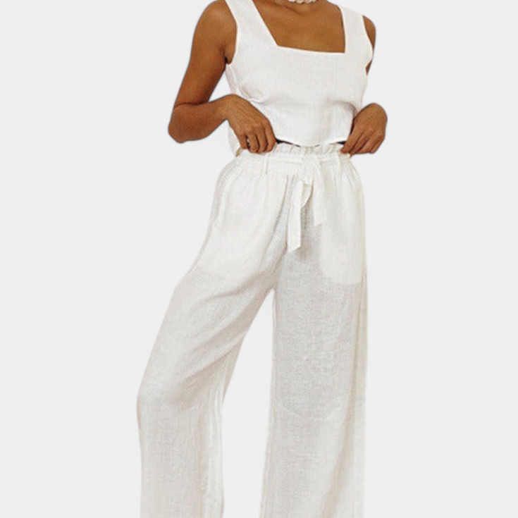 Marta | Conjunto de Lino con Blusa sin Mangas y Pantalón Fluido