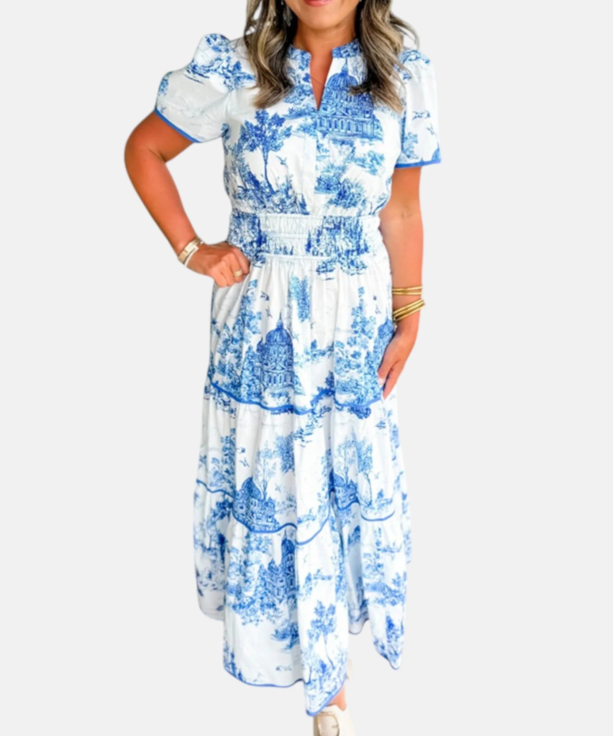 ALEJANDRA | VESTIDO LARGO CLÁSICO CON ESTAMPADO TOILE - Hala Madrid