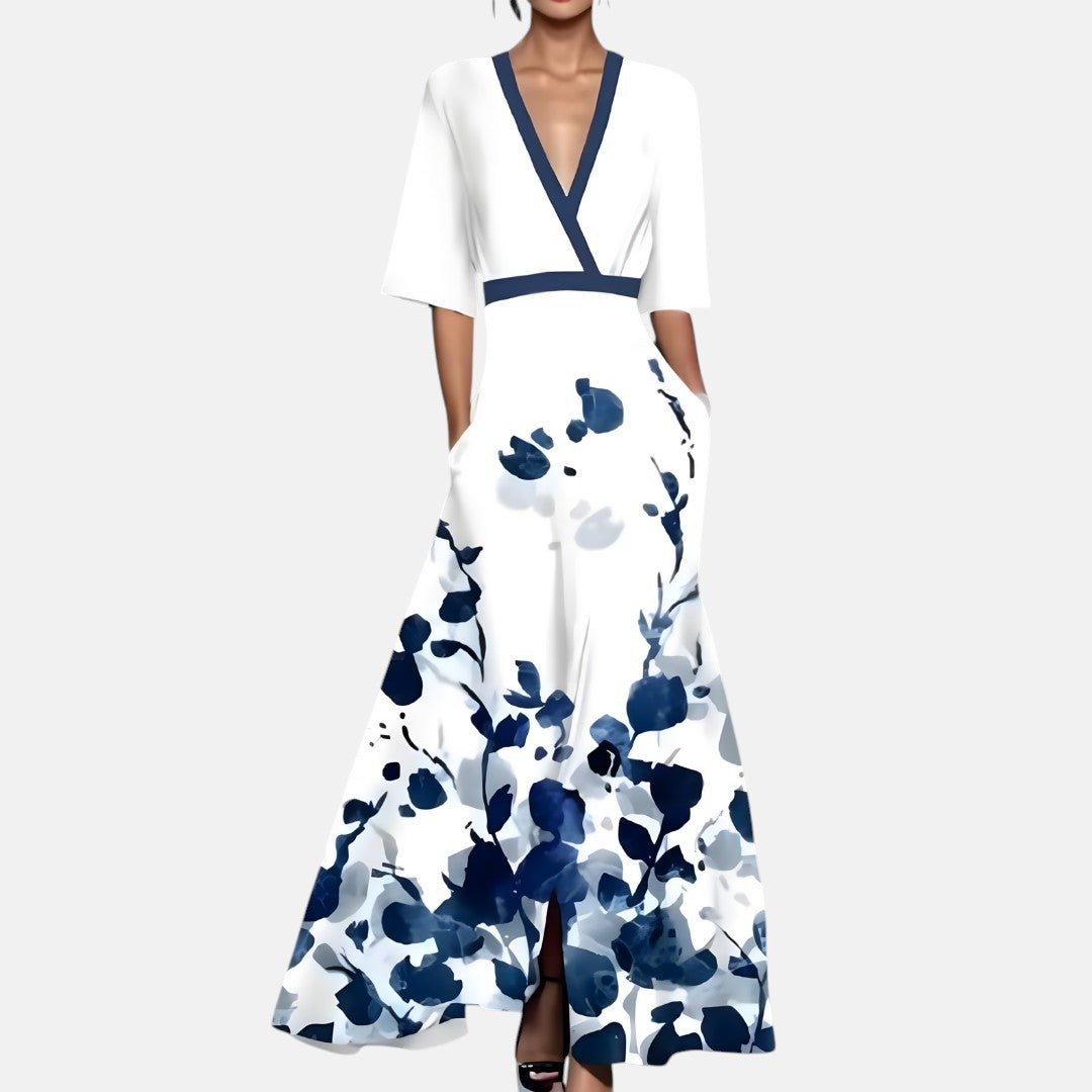 MARINA | VESTIDO LARGO ESTAMPADO CON CUELLO EN V FAVORECEDOR
