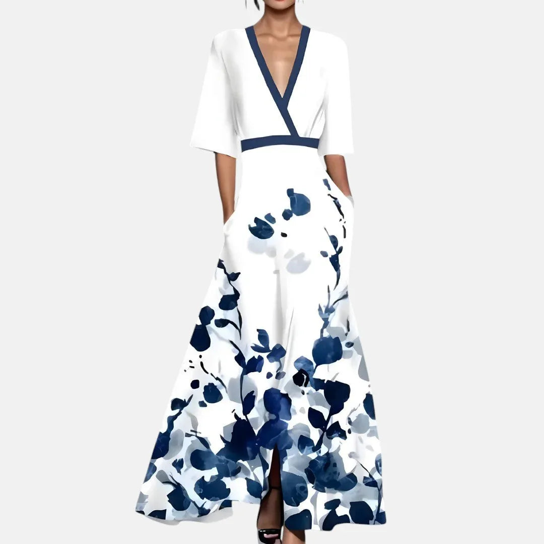 MARINA | VESTIDO LARGO ESTAMPADO CON CUELLO EN V FAVORECEDOR - Hala Madrid
