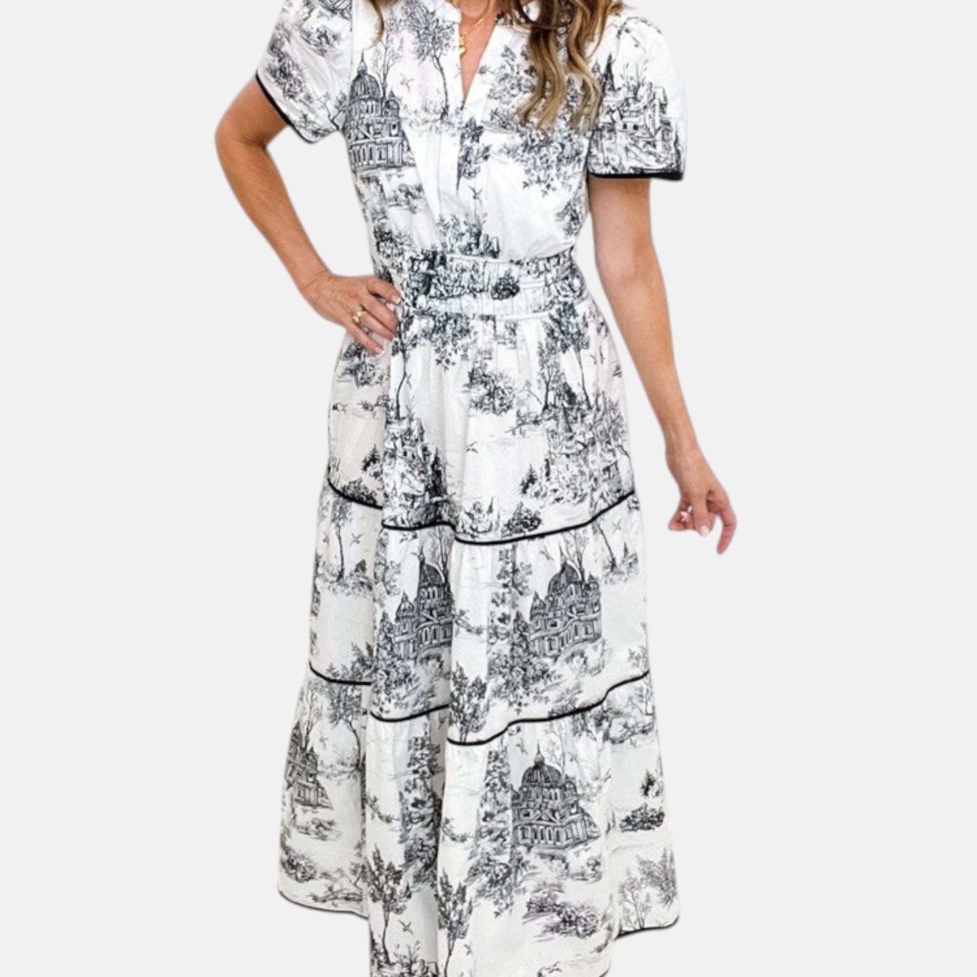 ALEJANDRA | VESTIDO LARGO CLÁSICO CON ESTAMPADO TOILE