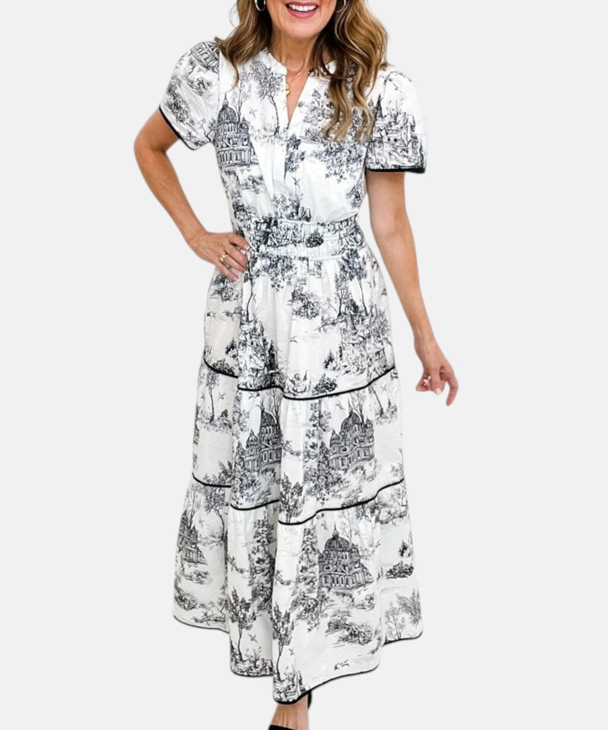 ALEJANDRA | VESTIDO LARGO CLÁSICO CON ESTAMPADO TOILE - Hala Madrid