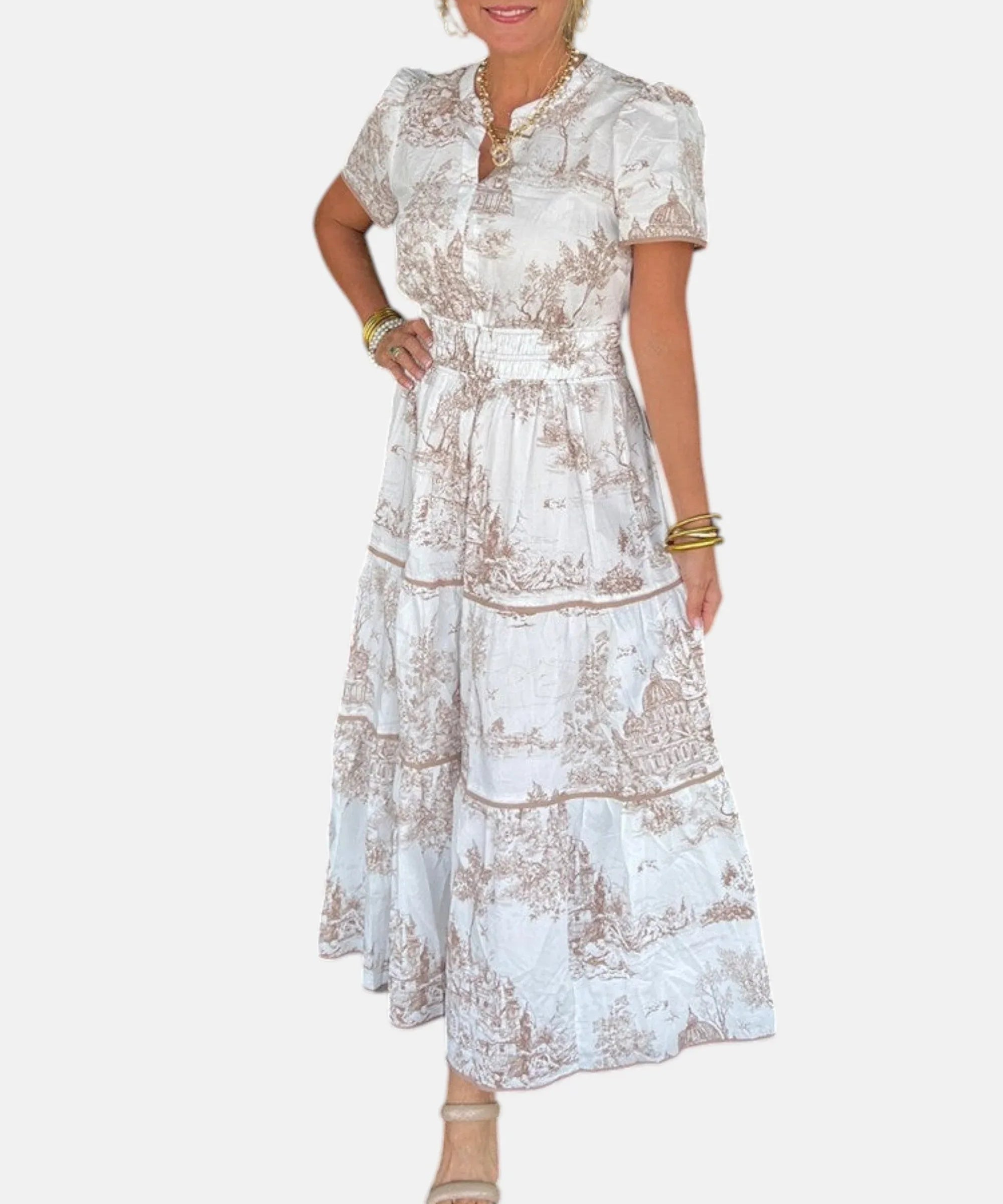 ALEJANDRA | VESTIDO LARGO CLÁSICO CON ESTAMPADO TOILE - Hala Madrid